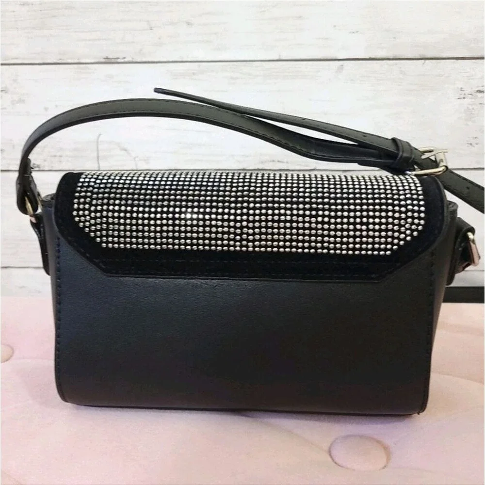 Valentino Orlandi Silver Studded Black Crossbody Bag Foldover Handbag Italy Luxe
